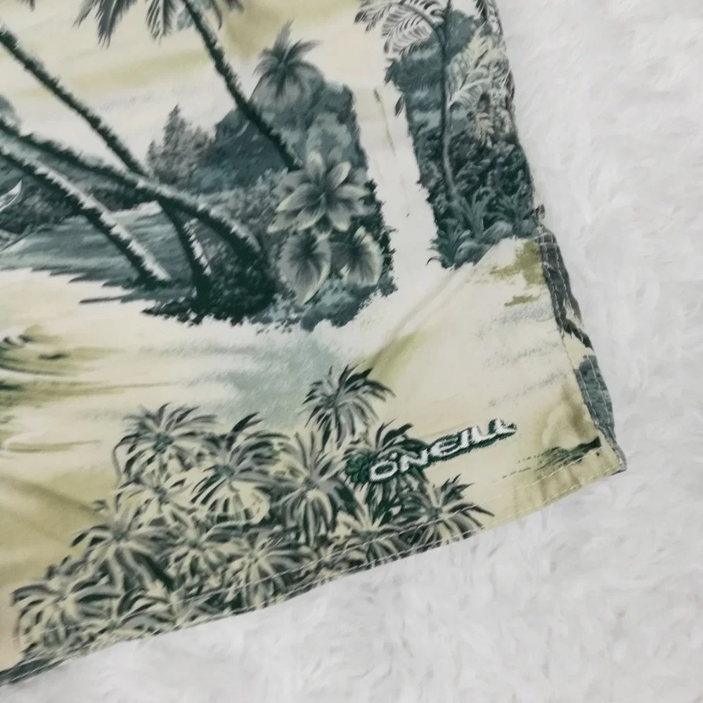 Vtg O'Neill Mens Swim Trunks Shorts Beach Hut Tropical Print Beige Green L